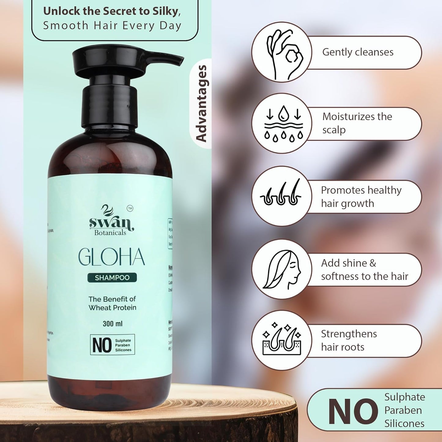 GLOHA Wheat Protein Shampoo key features and benefits, Swan Botanicals
